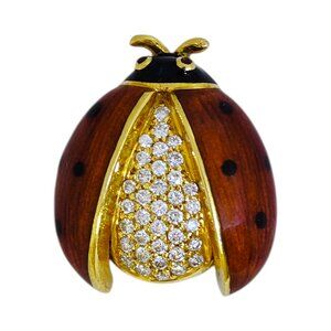 Vintage 18K Gold Enamel And Diamond Ladybug Brooch